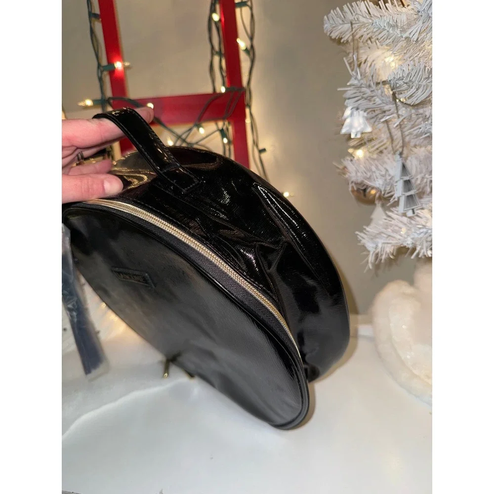 Lancome Black Patent Round Vanity Makeup Train Case Bag Cosmetic‎